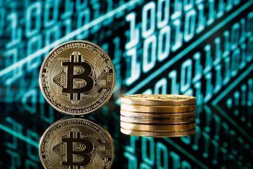 Illustration of Bitcoin mining equipment and the digital currency